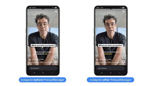Instagram PreloadManager 적용 전후 재생 비교
